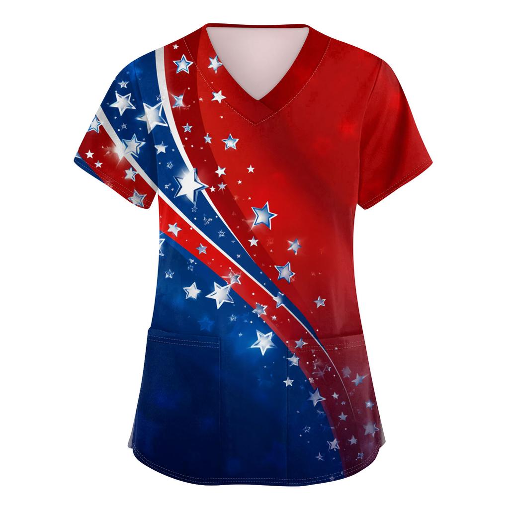Women's V-neck Independence Day Print Short-sleeved Pocket Side-opening Protective Work Shirt