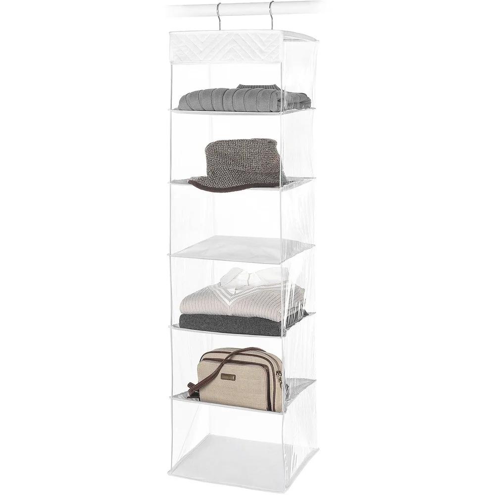 6-Shelf Hanging Organizer Clear Vinyl Sweater Shelves Space Saving Vertical Design Durable Metal Frame Clothing Accessories