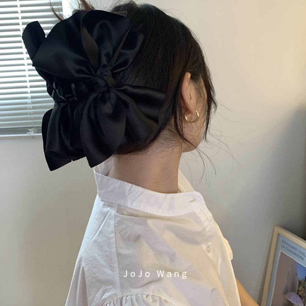 Satin Large Bow Clip Black Exaggerated Styling Hair Clip Internet Famous Same Style Small Face Daily Styling Hair Tie Accessory