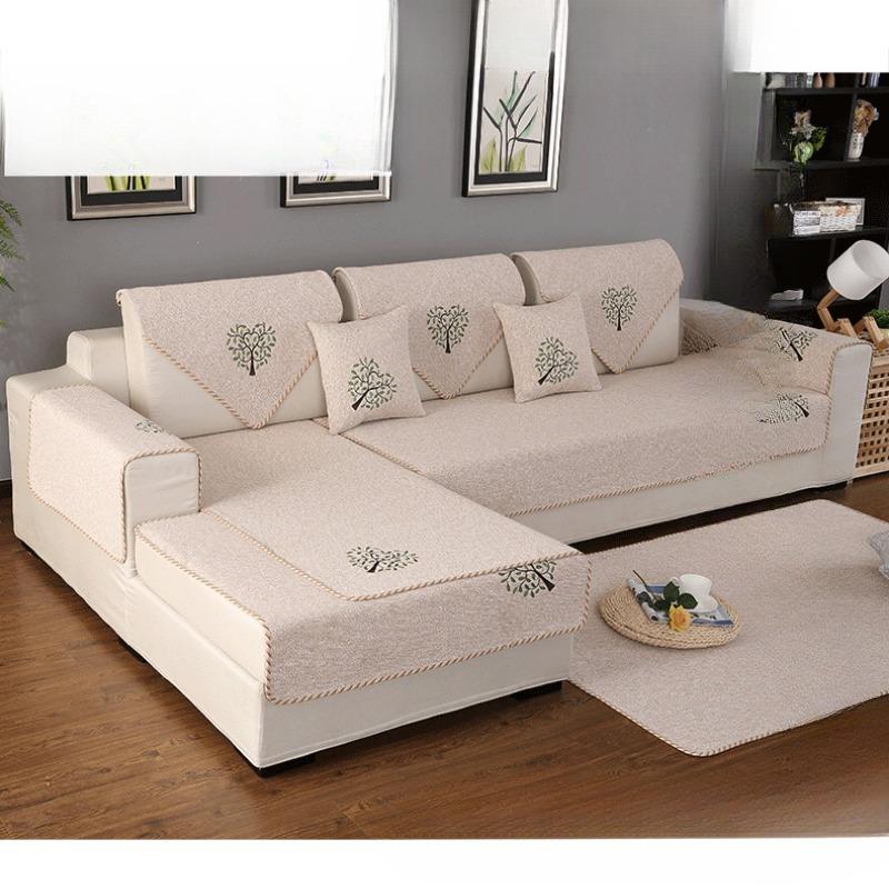 Four Seasons Non-Slip Embroidered Sofa Cushion Cotton Linen Fabric Living Room Universal Linen Thickened Modern Minimalist Solid Color Sofa Towel
