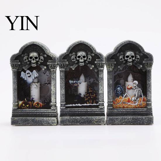 Spooky Festival Gift Tombstone Candle Lantern, LED Lighted Graveyard Table Lamp, Halloween Secret Room Escape Decor Small Night Light for Haunted
