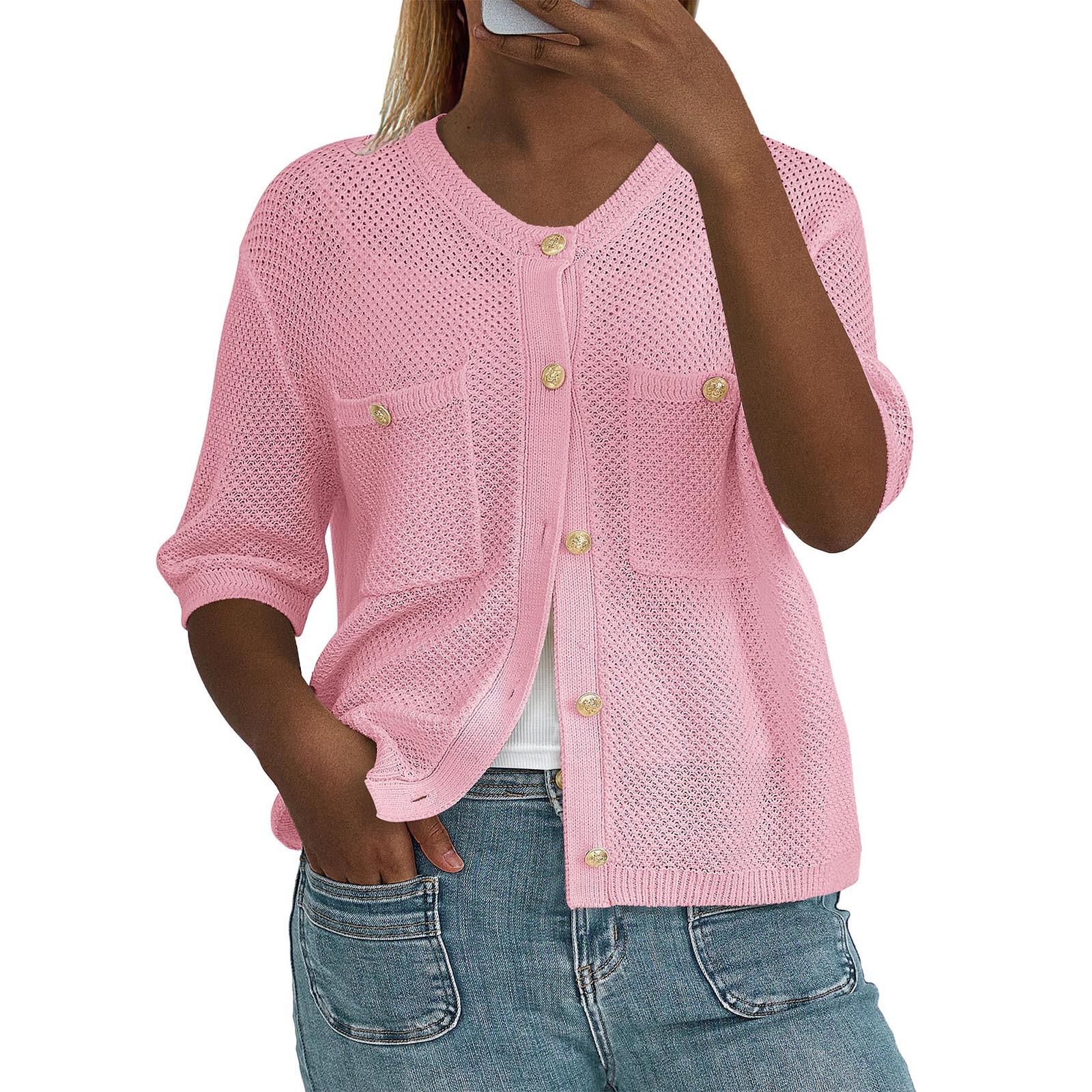 

Женская летняя трикотажная рубашка, топы, повседневная футболка с круглым вырезом на пуговицах и короткими рукавами, кардиган с карманом