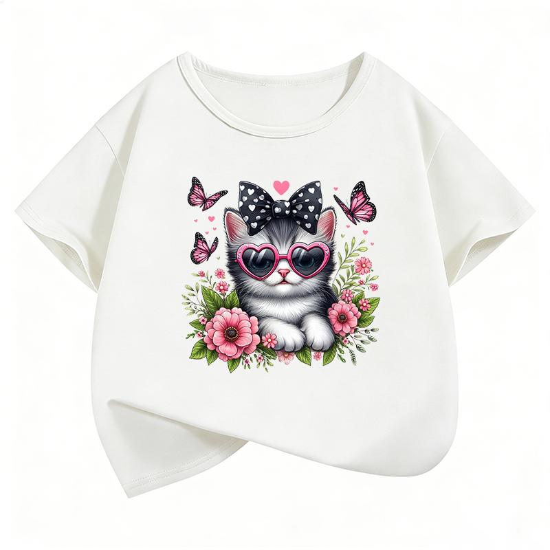 Kawaii Cat Floral Butterfly Design TShirt Girls Summer Clothes Short Sleeve Cat TShirts Cute Kids Clothing T Shirt