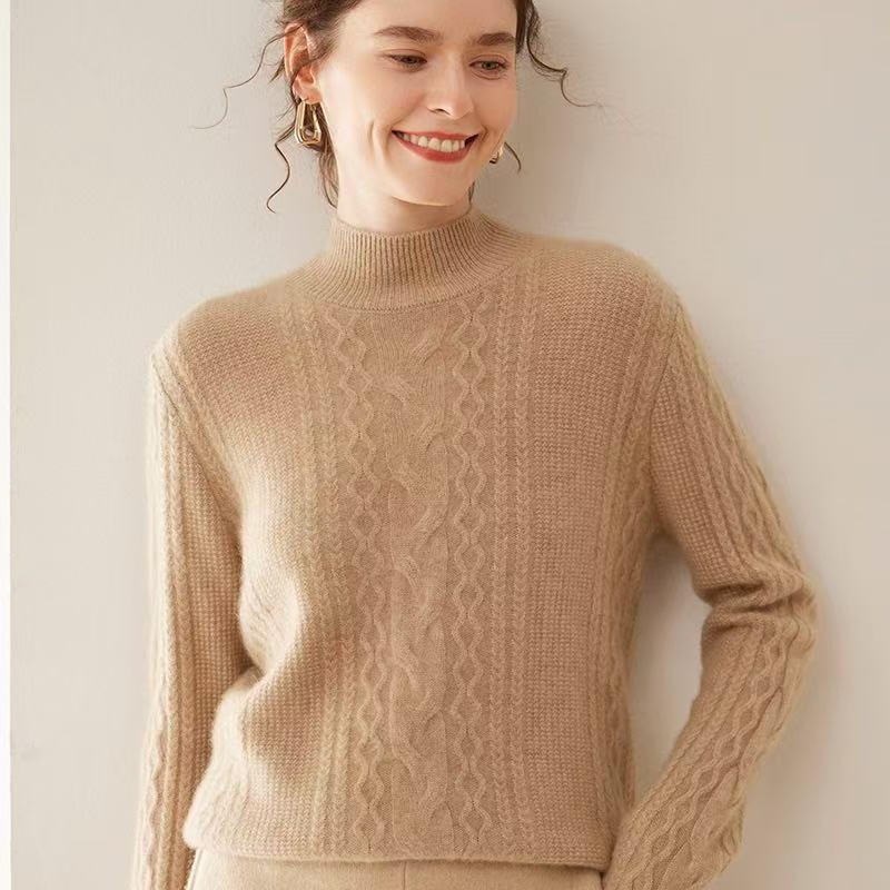Women's Cable Knit Cashmere Sweater - Twisted Flower Bobble Stitch, Half-High Collar, Slim Fit