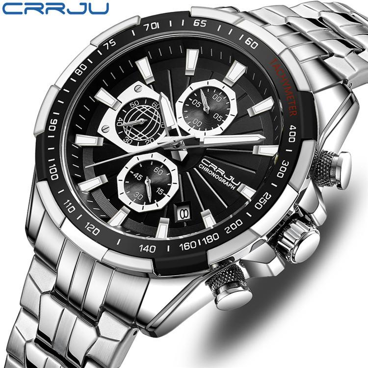 CRRJU New Watch 2305 Men's Watch Solid Stainless Steel with Six-pin Steel Strap Business Watch