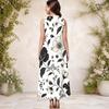 Women Plus Size Round Neck Sleeveless White Blue Floral Printed A Line Maxi Dress With Side Pockets