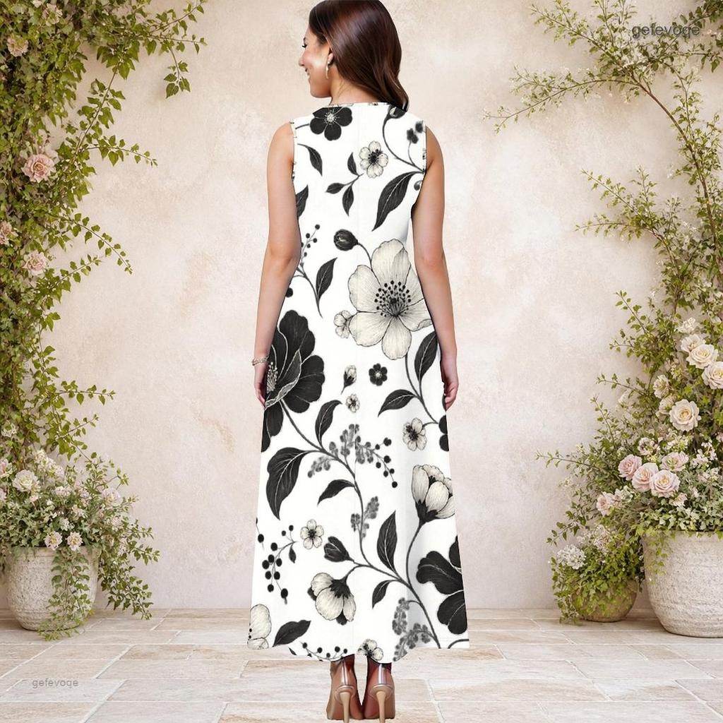 Women Plus Size Round Neck Sleeveless White Blue Floral Printed A Line Maxi Dress With Side Pockets