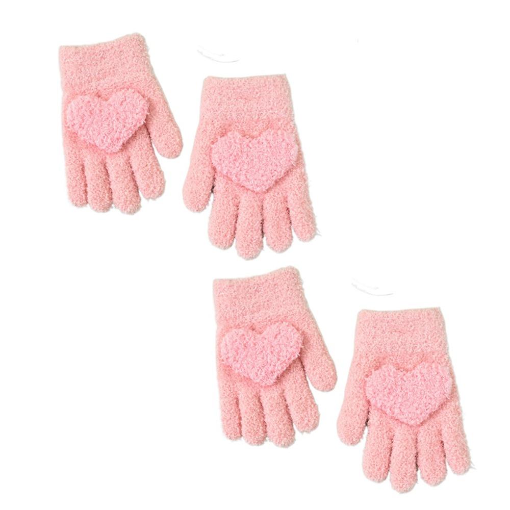 2Pairs Cute Children's Warm Gloves Heart Shaped Solid Plush Gloves  for Kids Toddler