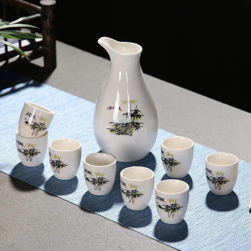 Creative 1 Pot and 8 Cups Ceramic Wine Set Chinese White Wine Glasses and Jugs Vintage Wine Dispenser Gift Box Set