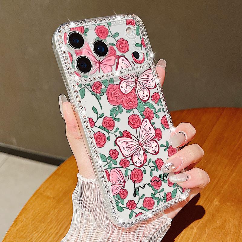 

Diamond Case For iPhone 17 Pro Max Creative Butterfly Flowers Pattern Clear TPU Silicone Soft Cover For iPhone 16 Pro Max 15 14 13 11 iPhone 15 прозрачный