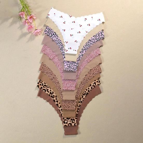 10 ks Dámské bezešvé kalhotky Měkké spodní prádlo Puntíkovaný Leopardí potisk Sexy tanga Hladké Elastické Sportovní slipy pro denní nošení Spánek