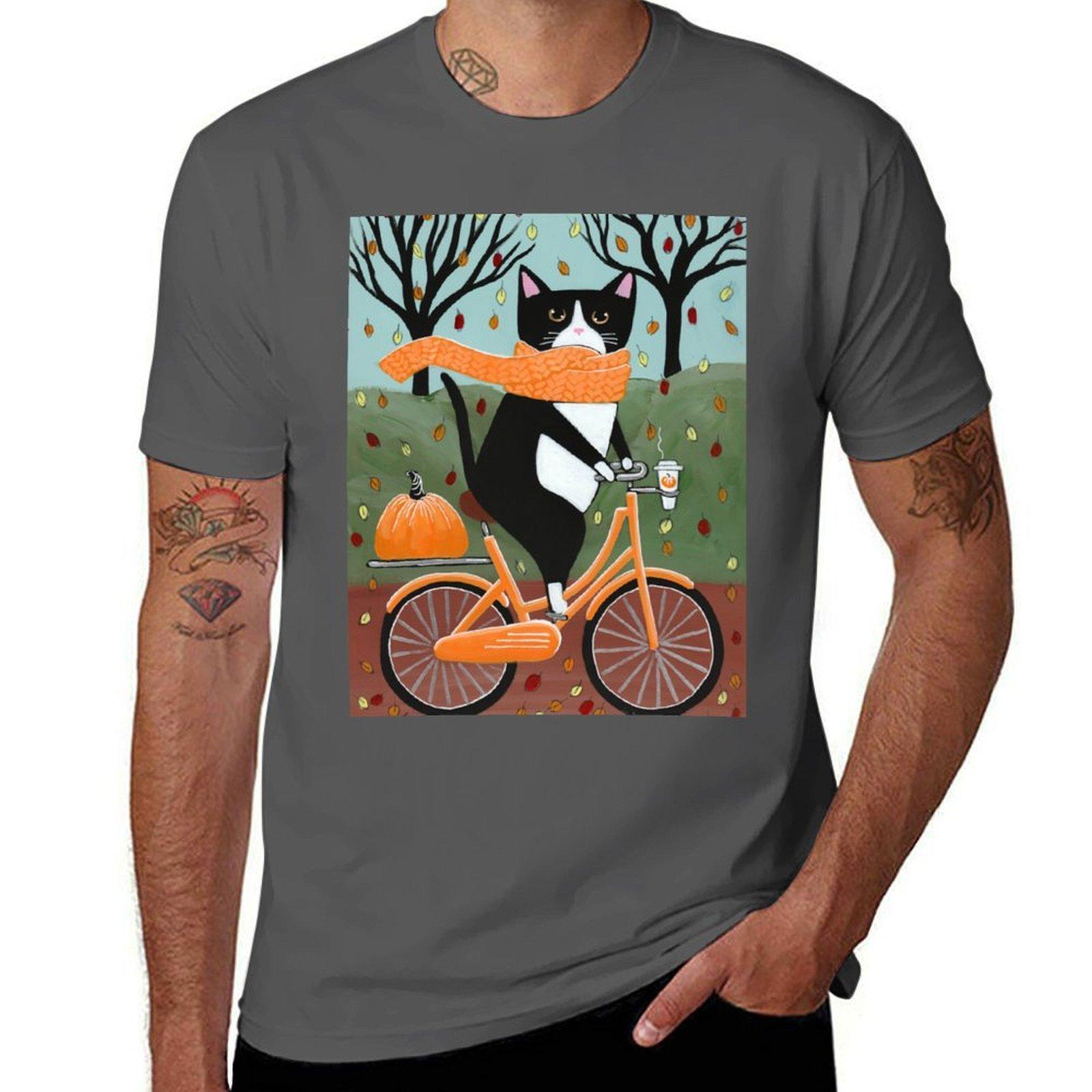 

Autumn Bicycle Ride Tuxedo Cat T-Shirt t shirt man plain men t shirt cotton 100% t shirt man casual T-Shirt 4XL