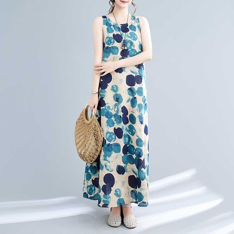 Long Skirt Summer New Sleeveless Round Neck Printed Mid Length Dress