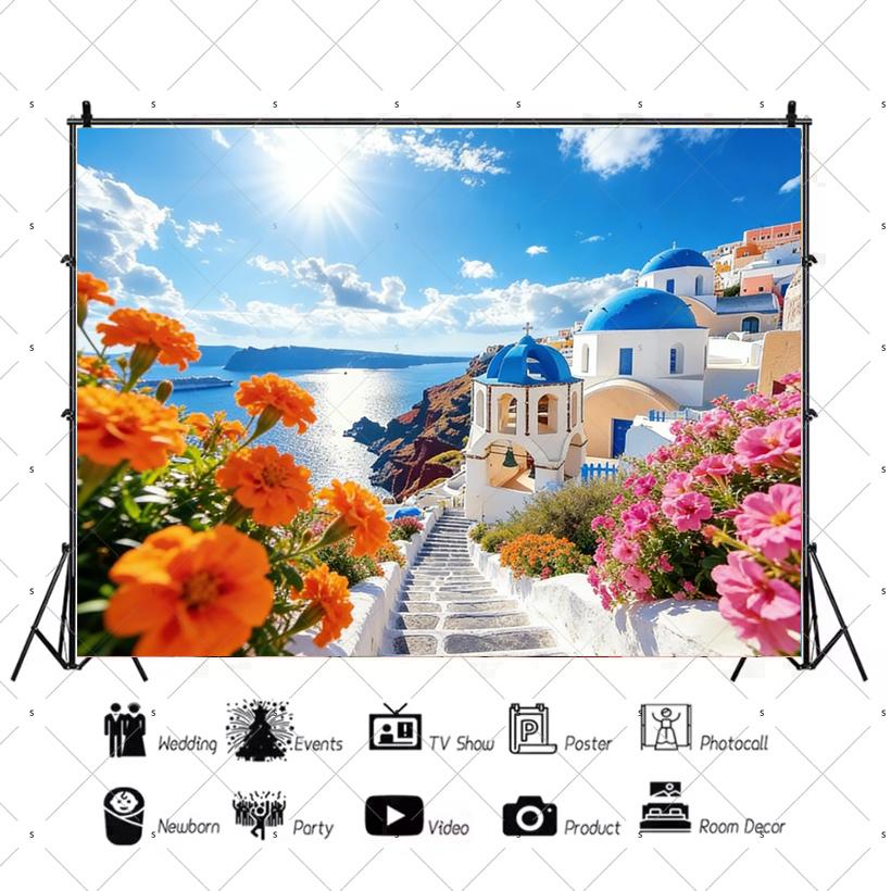 Nordische Griechische Landschaft Hausparty Dekorationen Inselstadt Santorin Blaue Kuppel Kirche Ägäis von Santorin Fotografie Hintergrund