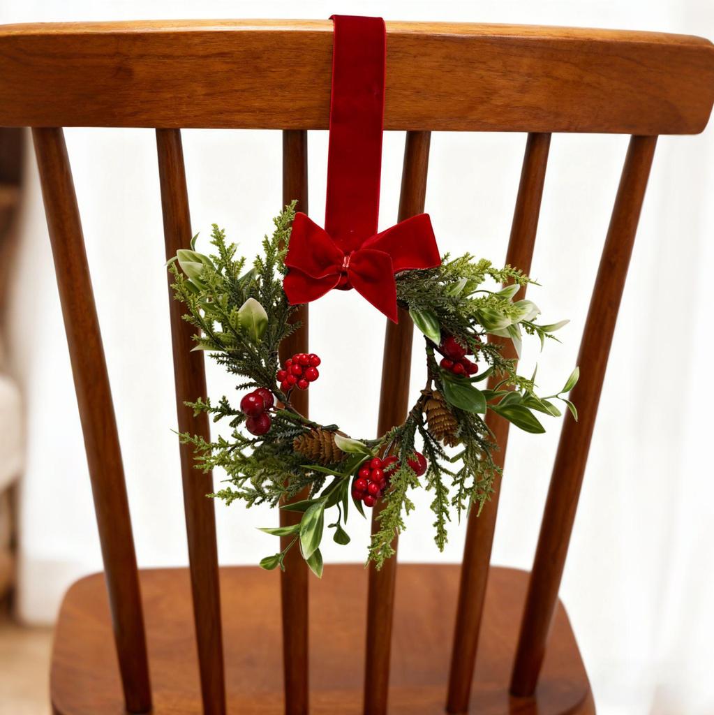 Christmas Wreath Door Hanger with Pine Needles, Red Berries, and Bow - Festive Decoration Ornament