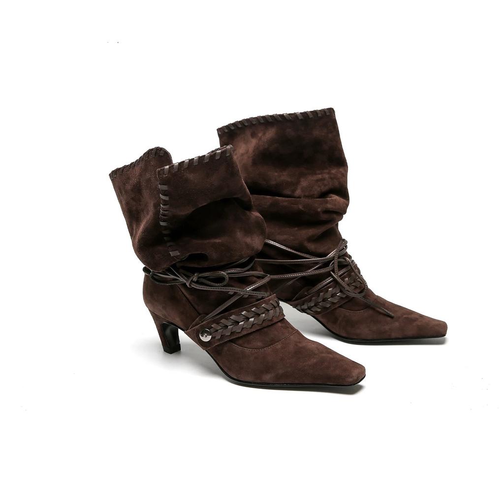 Sheepskin Version~ Nomadic Niche Suede Small Square Head High Heel Western Cowboy Boots Women's Pleated Thin Boots Medium Boots
