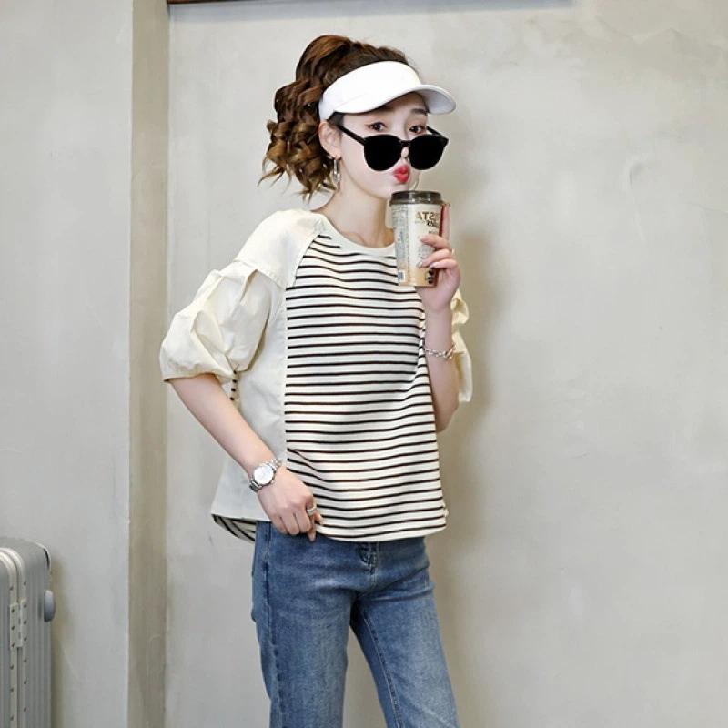 Striped Stitching Fake Two-piece Short-sleeved Shirt for Women Summer New Round Neck Top