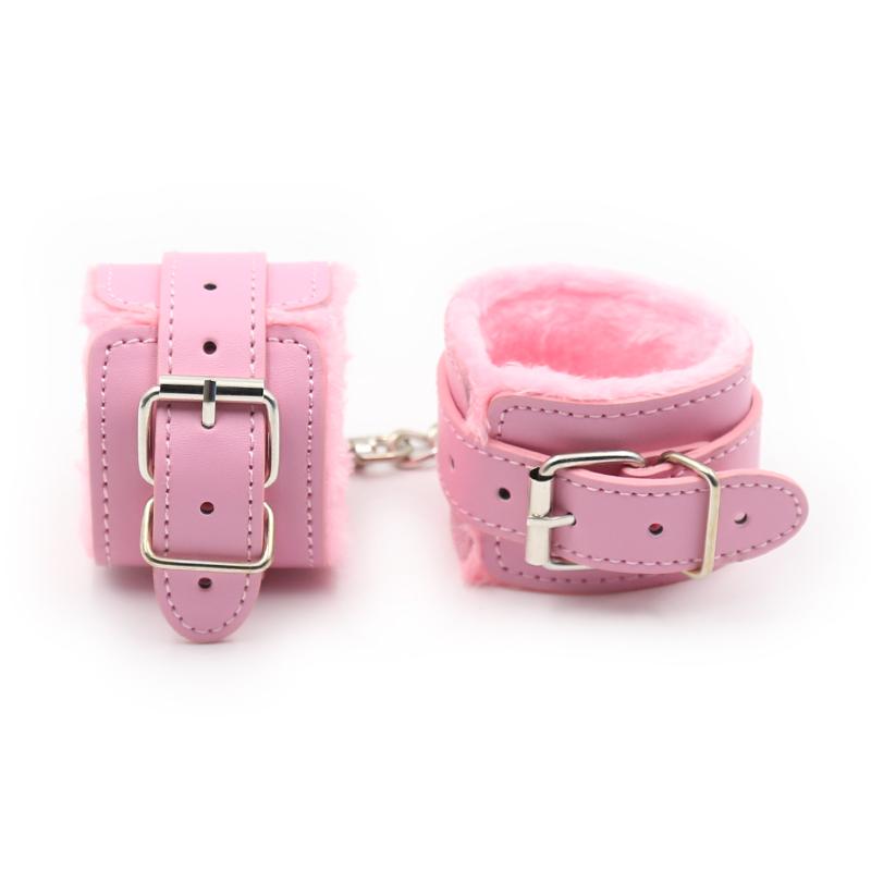 BDSM Bondage Adjustable PU Leather Plush Pink Handcuffs Footcuffs Ankle Cuffs Slave Restraints Sex Adult Flirting Toy for