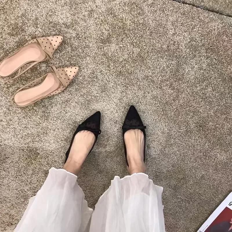 Fashion Elegant Woman Shoes 2025 Closed Toe Women's Sandals Fashion Pointed Toe Women Low Heel Slip on Bow Tie Polka Dot Shallow Sandal