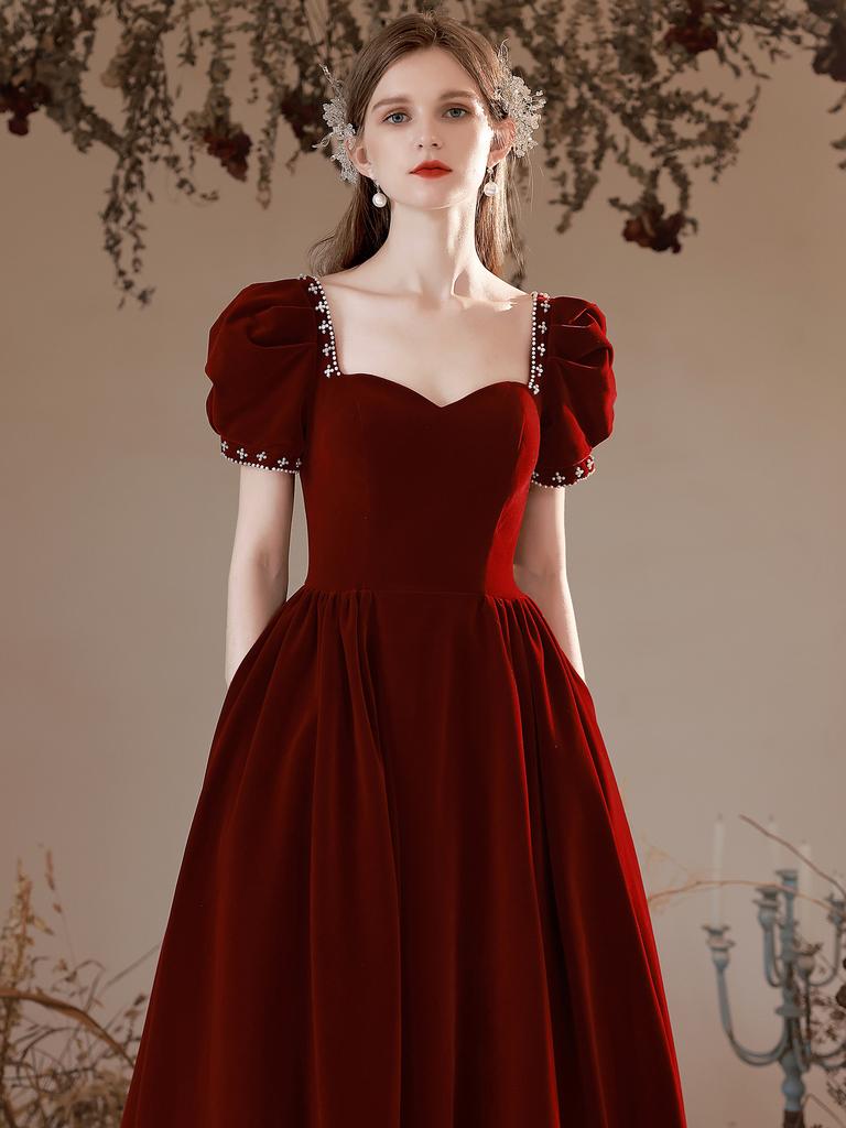 Velvet toasts 1011 new summer bride wedding engagement thin temperament burgundy bubble sleeve evening dress