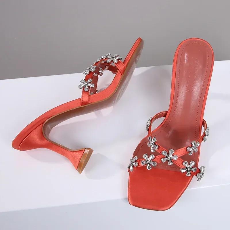 Fashion Shiny Crystal Flowers Decorative Women's Sandals 2025 Elegant High Heeled Slide Sandals for Women Cross Strap Summer High Heels