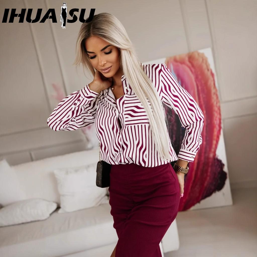 IHUASU Women's Fashion Casual Long Sleeve POLO Neck Blouses & Shirts