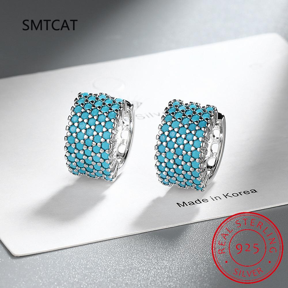 New Vintage Turquoise Elegant Earring Real 925 Silver Luxury Charm Hoop Earrings For Women Wedding Jewelry RHE858