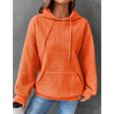 Plus Size Casual Sweatshirt, Women's Plus Solid Waffle Pattern Long Sleeve Drawstring Hooded Sweatshirt With Pockets