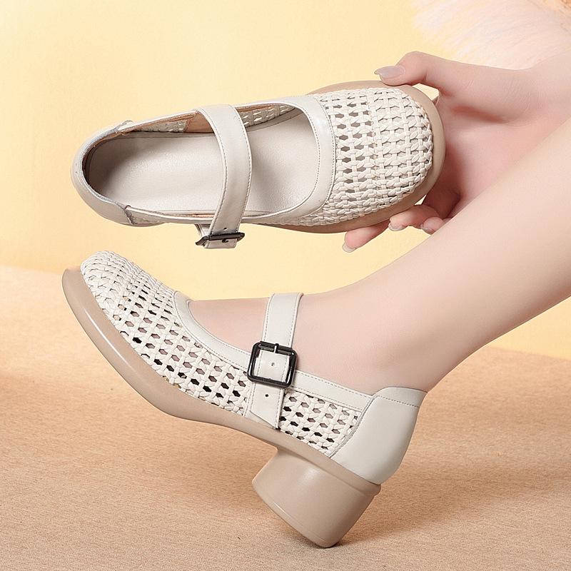 5cm Comfortable All Match Genuine Leather Sandals Round Head Cutout Hole Shoes 2025 Summer Med Block Heels Sandals Office Mom