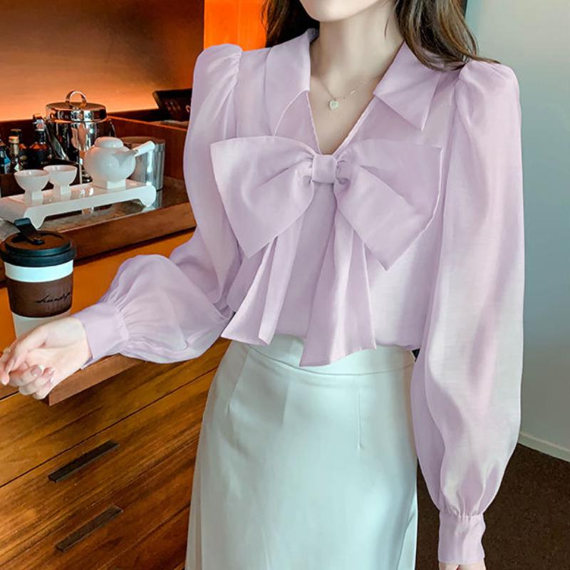 

Женская рубашка ранней весны, шифоновая рубашка с V-образным вырезом и бантом, рубашка в стиле Small Crowd, розовая шифоновая рубашка с дизайном 2XL фиолетовый