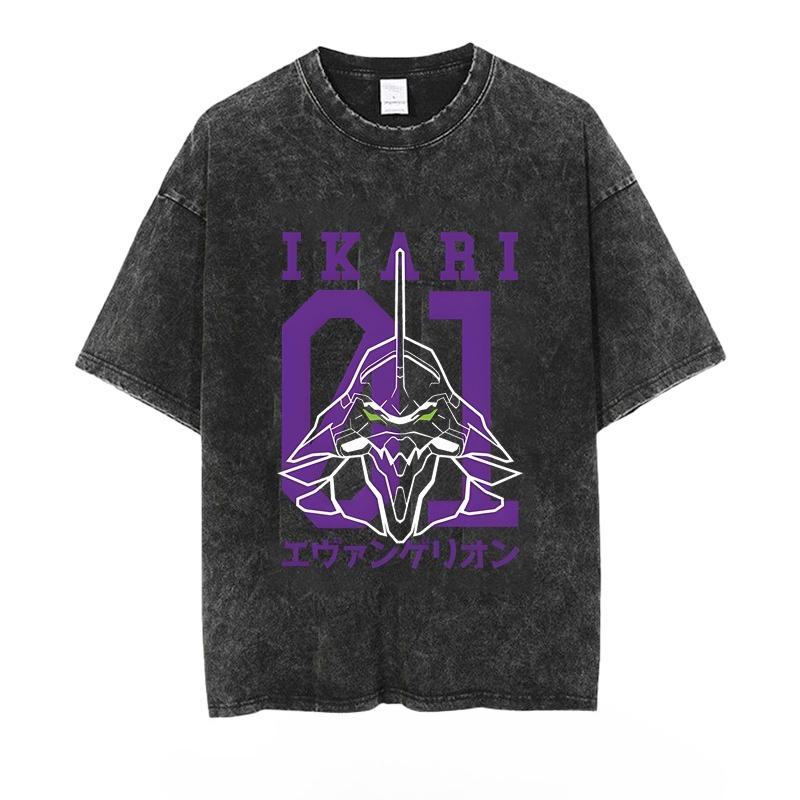 Anime Eva Men's T-shirt Washed Vintage Loose Summer Women's Printed Short-sleeved Tees Oversized Gym Y2k Clothes Harajuku Tops
