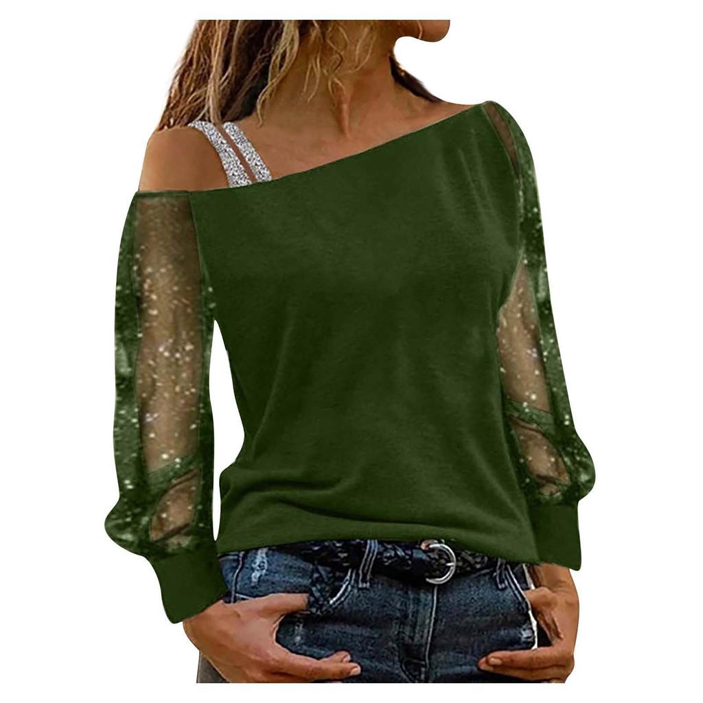 Dámská móda Diagonální výstřih Síťovina, Dlouhý rukáv, Základní top s jedním výstřihem