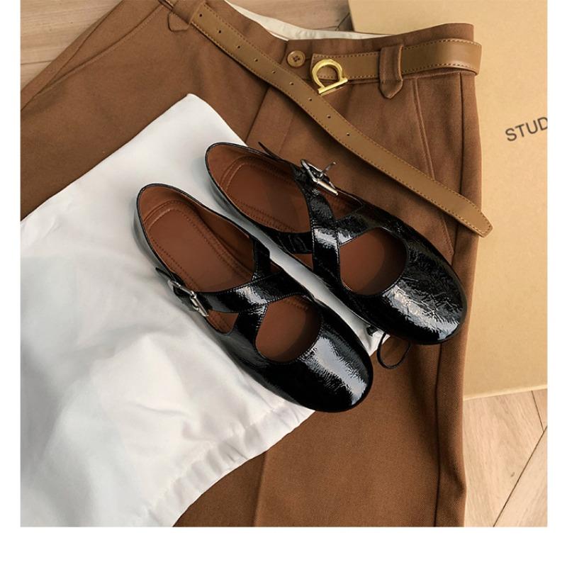 Sheepskin version~ Leather soft-soled silver Mary Jane single shoes women's cross-buckle round head ballet flat shoes small leather shoes