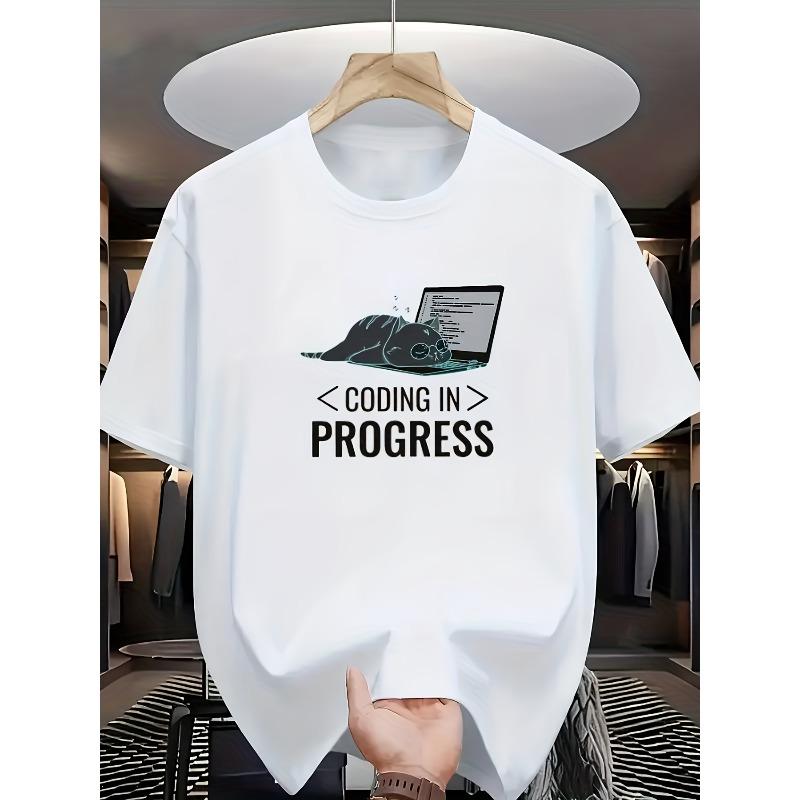 European Sizes Men'S Coding In Progress Graphic T-Shirt - with Coding & Laptop Design, Casual Round Neck Short Sleeve Tee for Programmers
