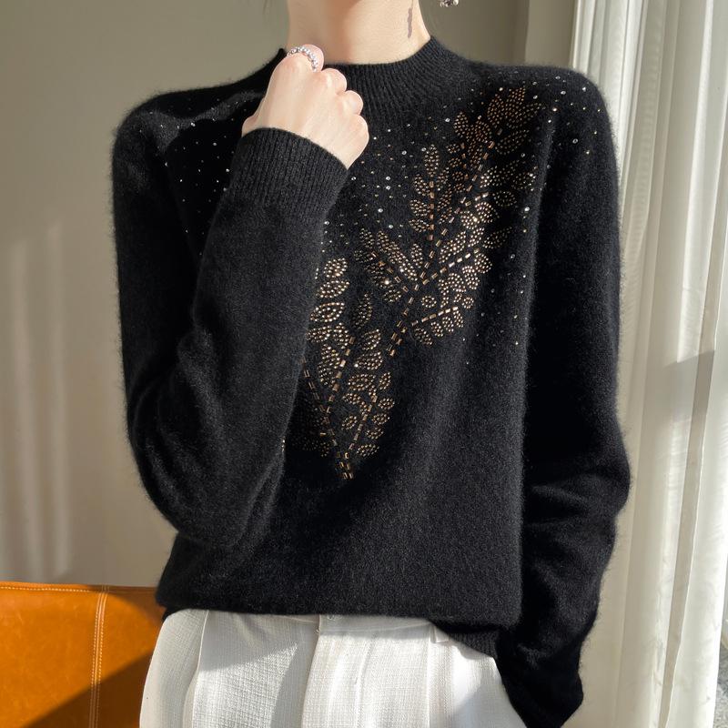 

Новый женский свитер из бархата и трикотажа с полувысоким воротником и стразами, 2024 L