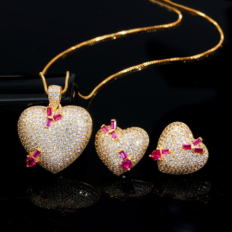 WWJ Yellow Golden Color Love Heart Cupid's Arrow Pendants Necklaces Earrings Set