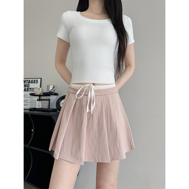 Women s High Waist Drawstring Pleated A-Line Mini Skirt Casual Summer Short Skirt S
