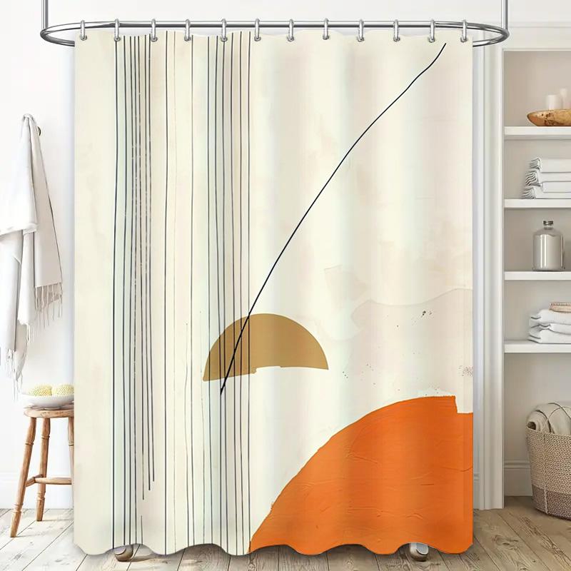 Minimalist Bathroom DecorSun Graphic Shower Curtain Set for Bathtub Home Decoration White Beige Color Scheme with Black Stripes