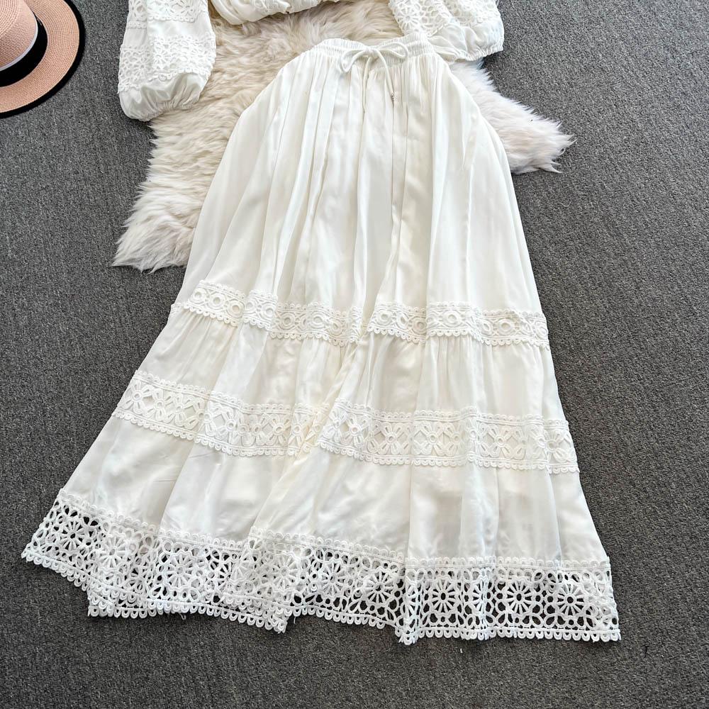Lace Panel Long Sve Irt And High Waist Flared Skirt Set Women's Faion Ensemble Hollow Out Design Slimming Women Suit 2 Pieces Set