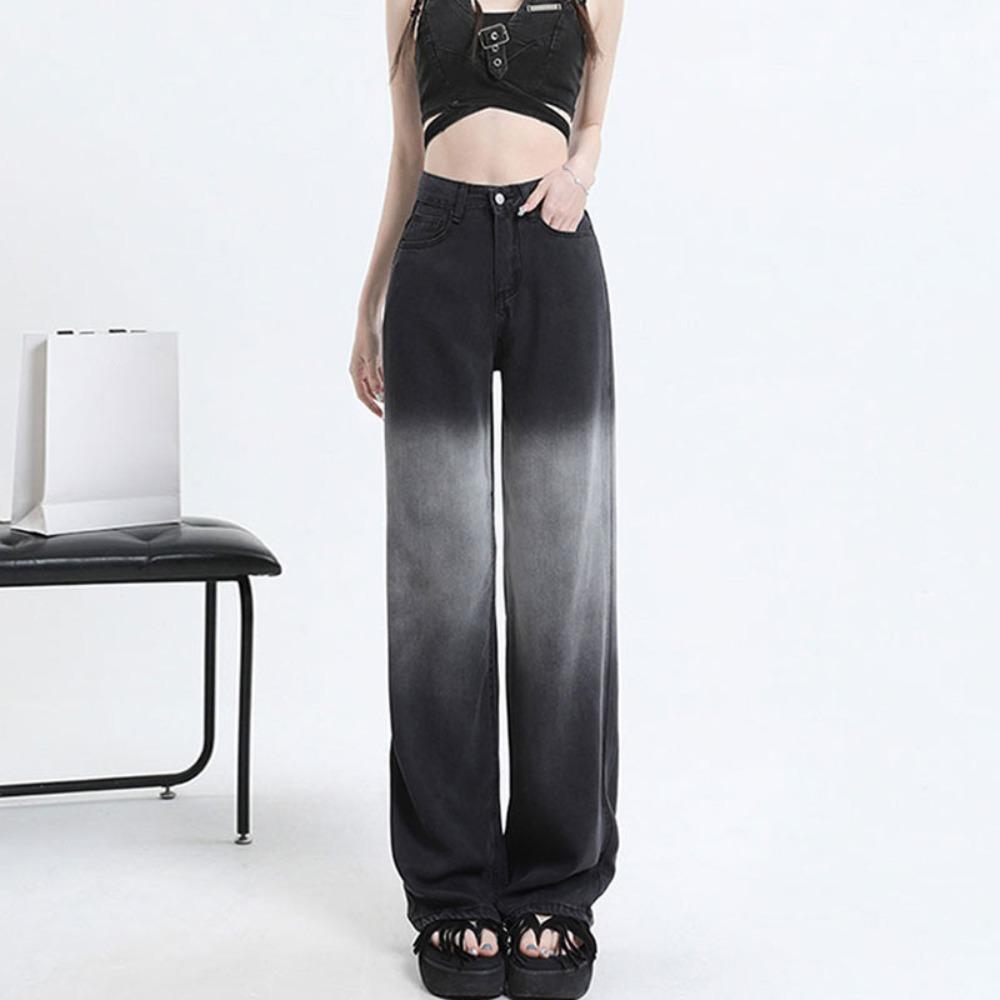 858 Black and Gray Gradual Change Wide-leg Jeans Versatile Niche Contrasting Pants Covering Meat Pear-shaped Straight Thin Floor Pants