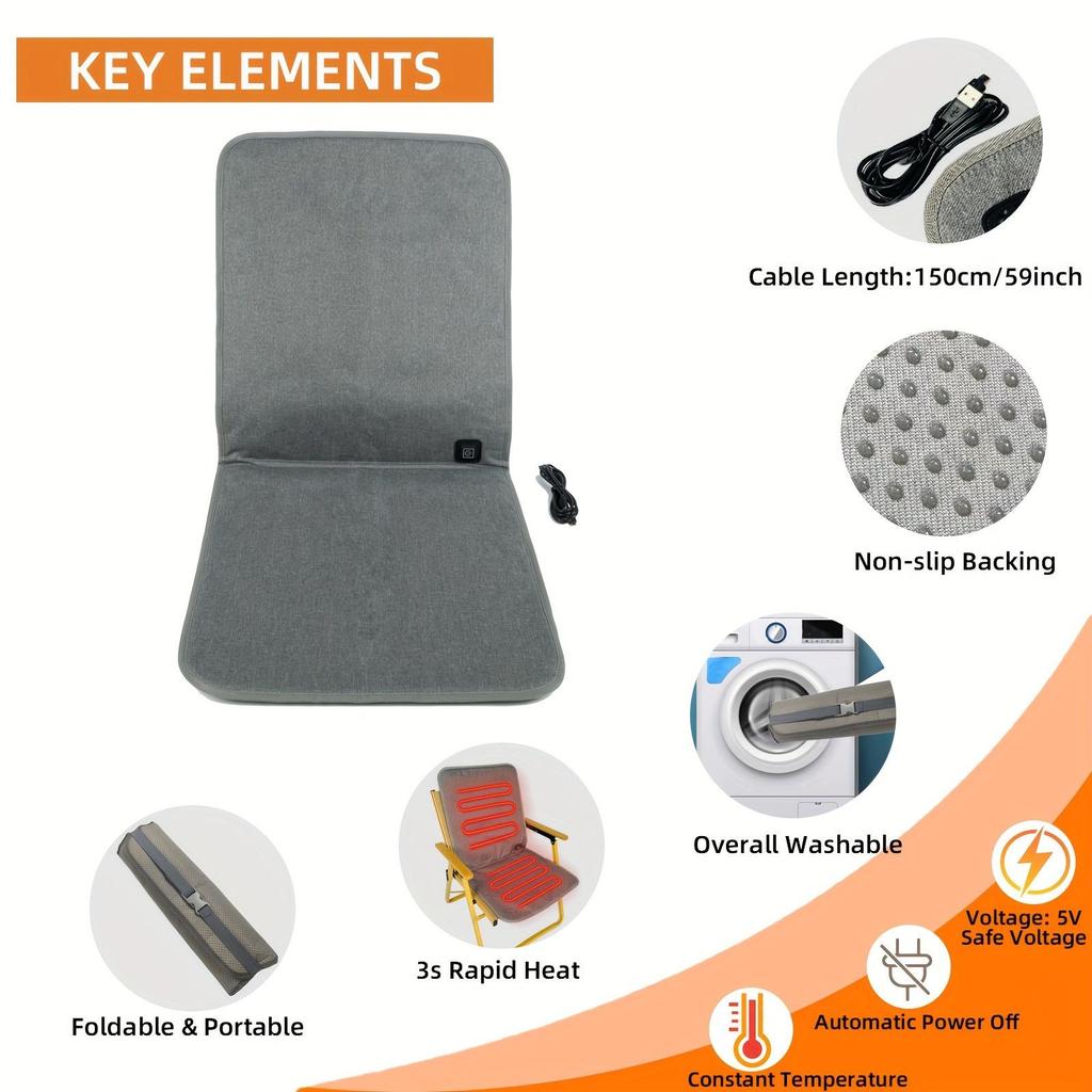 3-Level Adjustable Temperature USB Portable Heating Seat Cushion | Gray Oxford Fabric Material for Outdoor Heated Chair and Back Support Pad