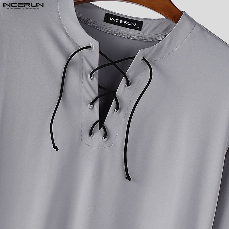 INCERUN Men Lace-up Neck Long Sleeve Casual Loose Undershirts Basics Tops