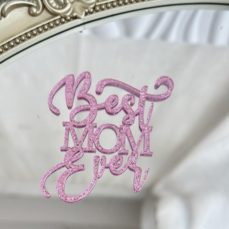 10pcs Glitter Happy Mother's Day Cake Toppers Acrylic Mirror Pink Cupcake Topper Heart Best MOM Party Cake Dessert Decorations