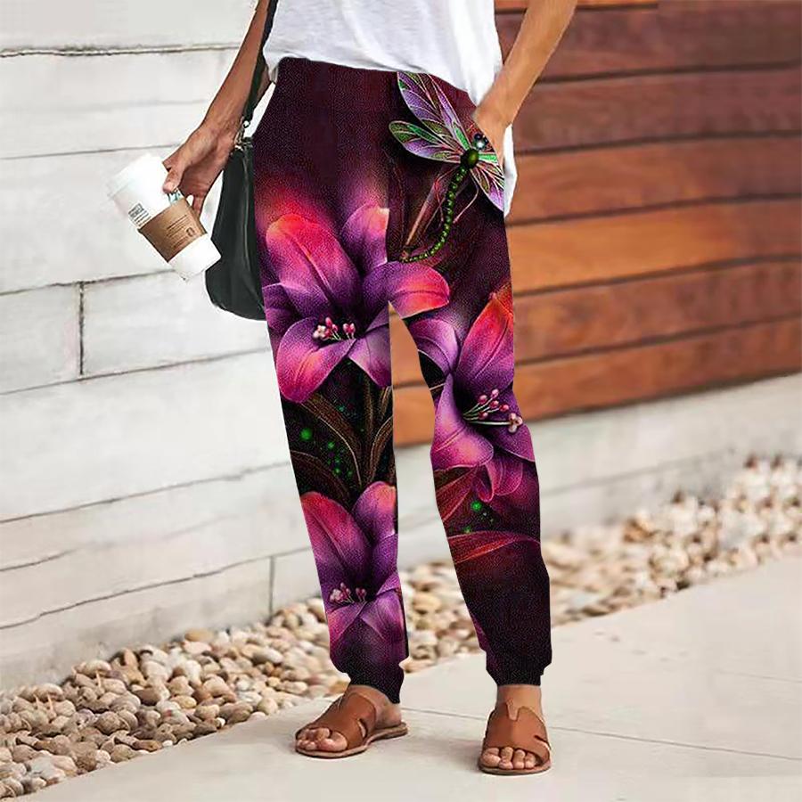 

Женские брюки с цветочным принтом на шнуровке, с эластичной талией, свободные брюки, повседневные длинные брюки, брюки с карманами 8XL красный