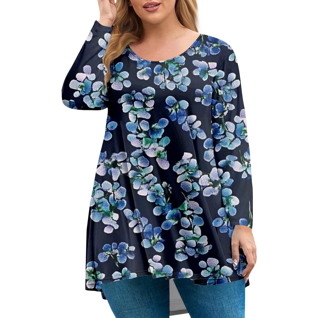 Women's Plus Size Top, Garden Collar Long Sleeved Shirt, Fashionable Floral Print Casual Top