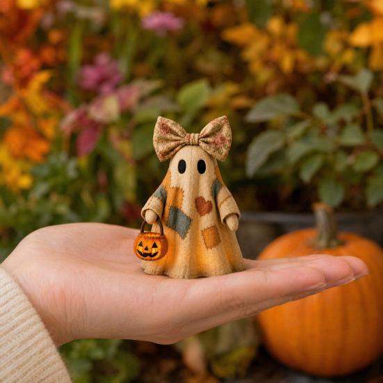 Lighted Vintage Patchwork Ghost LED Light Ghost with Pumpkin Lantern Halloween Decor Vintage