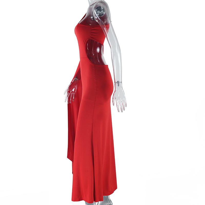 Vår og sommer Europeisk og amerikansk stil ensfarget damekjole Sexy off-skulder ermeløs, hult temperamentskjørt med utsvingte ermer