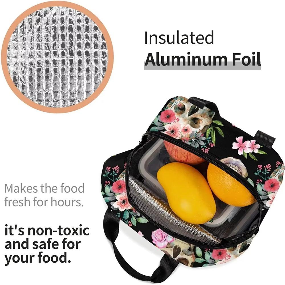 Skull Insulated Lunch Bag Halloween Horror Skeleton Flowers Lunch Box Horror Lunch Tote Cooler Bags for Work School Picnic Beach