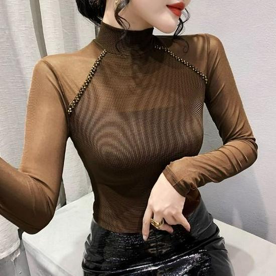 European Autumn 2025 Slim-Fit Beaded Mesh Patchwork Long Sleeve Women's T-Shirt