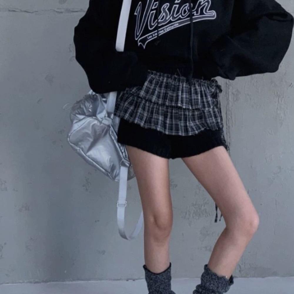 Hip-Hop Layer Outfits Karierter Rock Hemdverlängerer Rüschenrand Bund Jeans Dekoration